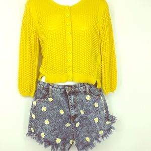 Distressed embroidered acid wash jean shorts